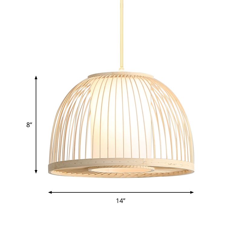 Dome colgante de luz modernismo bambú 1 bombilla de 14 "/16" de ancho lámpara de techo de madera de ancho con sombra de tela interna