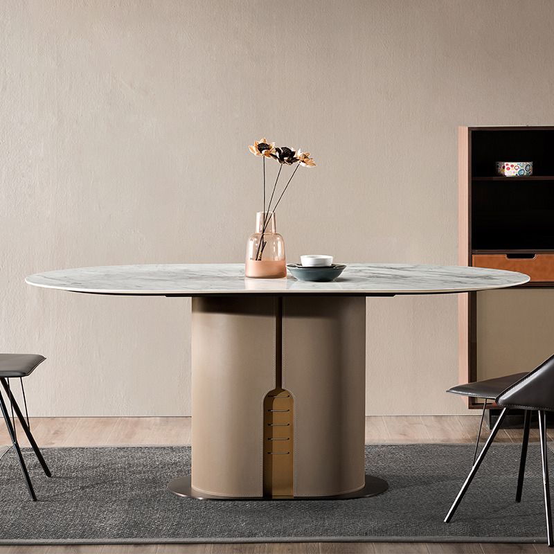 Modern Oval Marble Top Dining Table with Solid Wood Pedestal Base