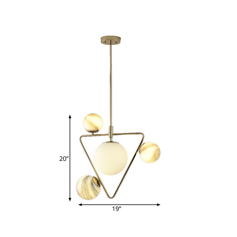 Nordic Ball Chandelier Light Frosted Glass 4-Bulb Living Room Pendant Lamp in Gold with Triangle Cage