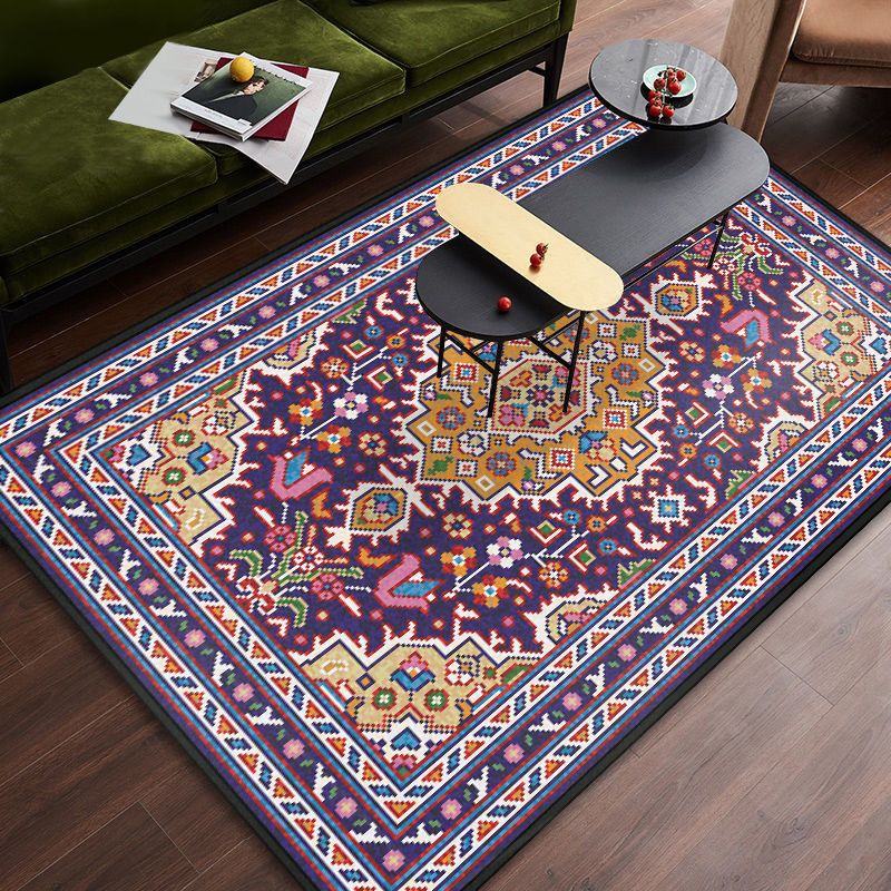 Persian Tribal Patterned Rug Multi-Color Polyester Carpet Stain Resistant Pet Friendly Anti-Slip Backing Rug for Bedroom