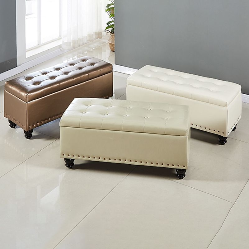 Traditional Faux Leather Ottoman Plian Tufted Nailhead Trim Rectangle Ottoman with Storage