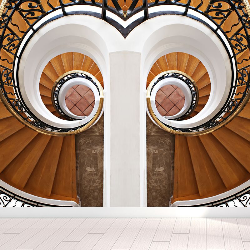 Symmetric Swirled Stairs Mural Wallpaper Brown Modern Style Wall Art for Family Room