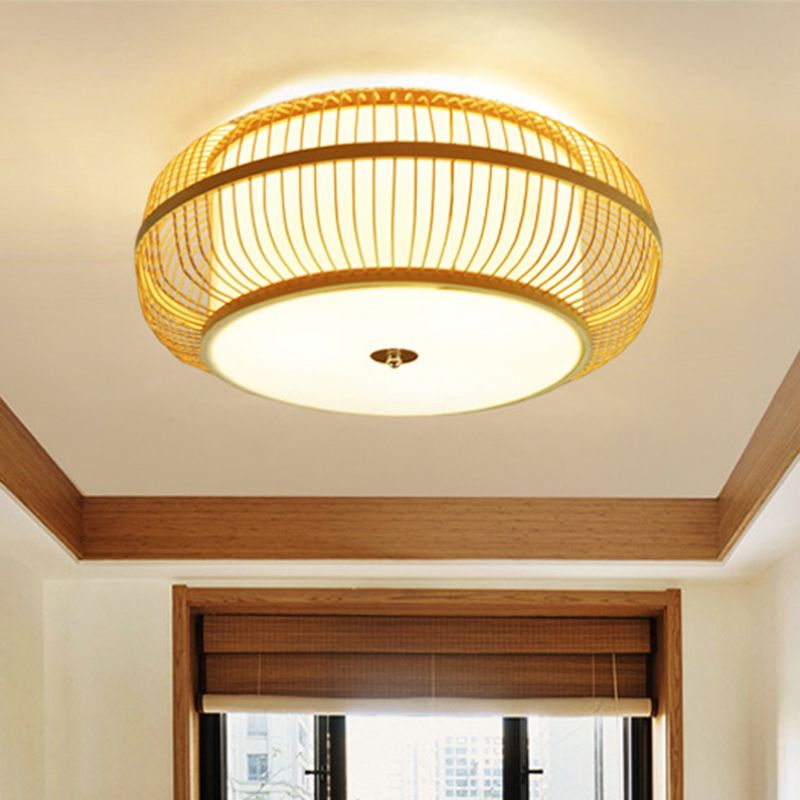 Plafonnier à montage encastré à tambour incurvé, luminaires de plafond en rotin japonais pour chambre à coucher