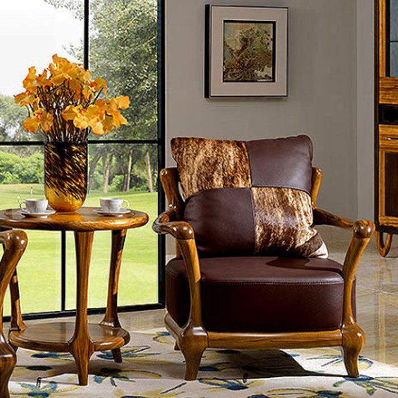 Solid Wood Frame Dining Arm Chair Leather Upholstered Arm Chair
