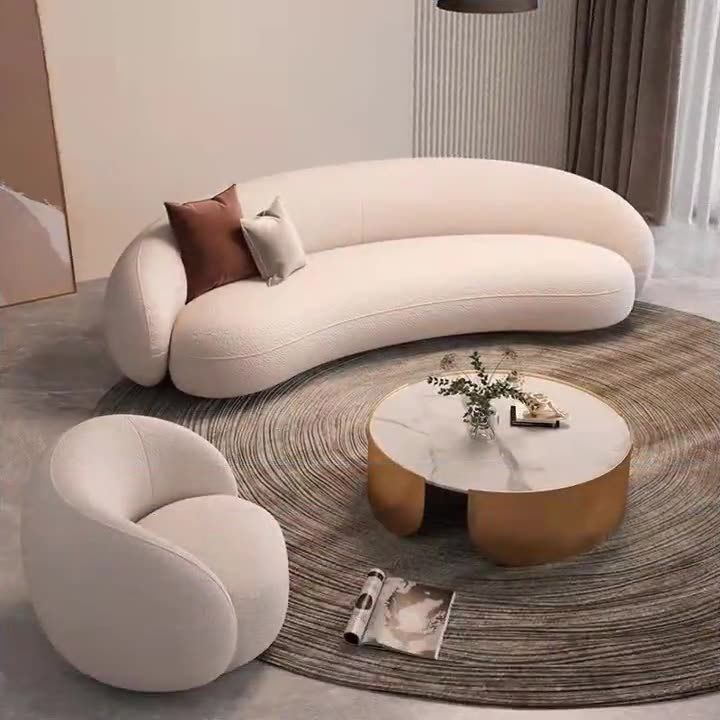Contemporary White Wool Slope Arm Curved Sofa for Living Room