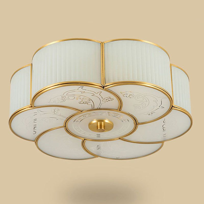 Lámpara de techo de cobre estilo retro colonial con montaje empotrado de vidrio blanco para dormitorio