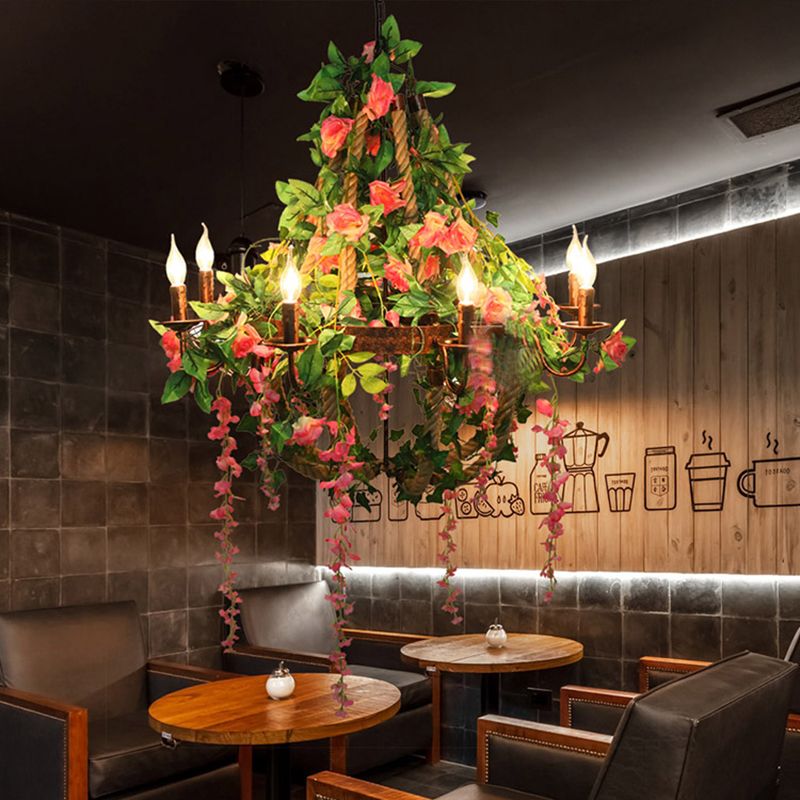 Candle Restaurant Rose Chandelier Light Industrial 6 Bulbs LED Rust Hanging Light Fixture