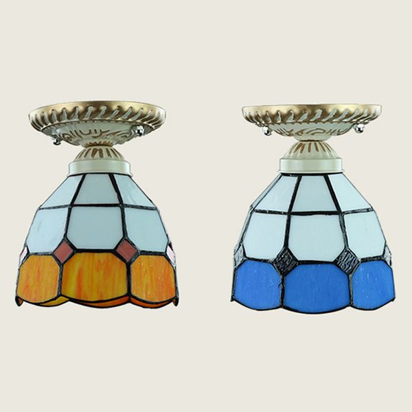 Dome Shape Ceiling Light Fixture Vintage Stained Glass 1 Light Ceiling Fixture in Orange/Blue for Hallway