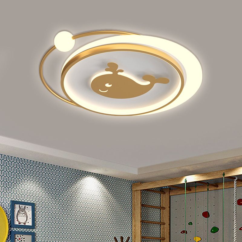 Lámpara circular de techo para habitación de niños, lámpara LED metálica de montaje empotrado en oro con patrón de avión/corazón/delfín