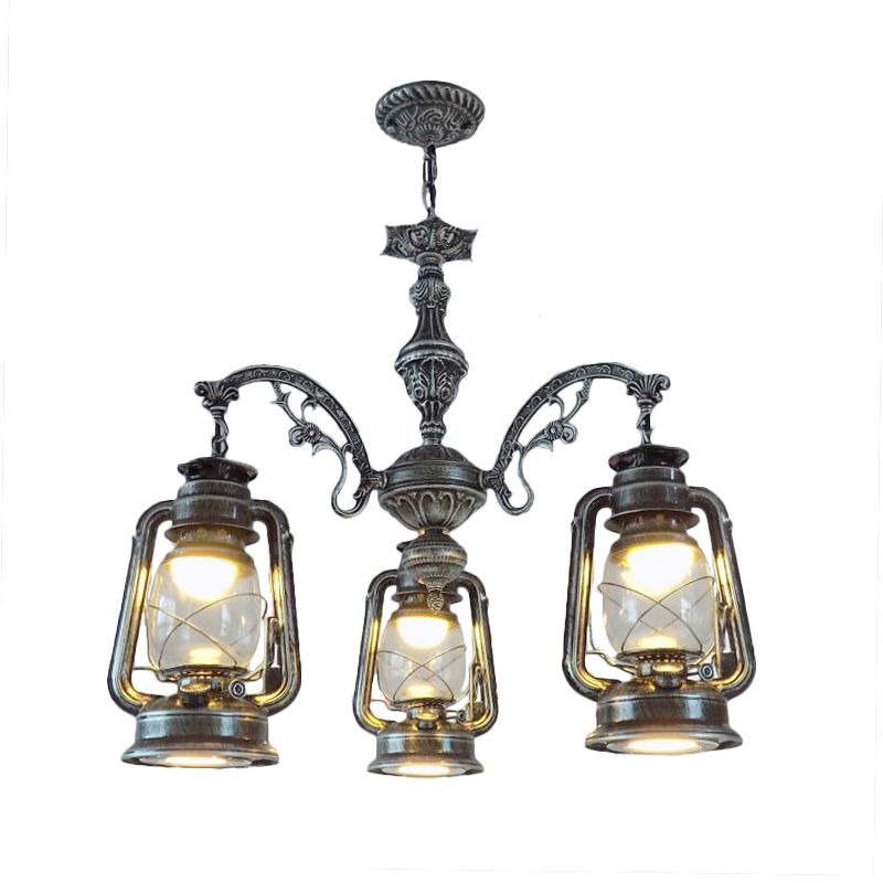 Clear Glass Black/Silver/Red Chandelier Light Lantern 3-Light Industrial Pendant Lamp for Kitchen
