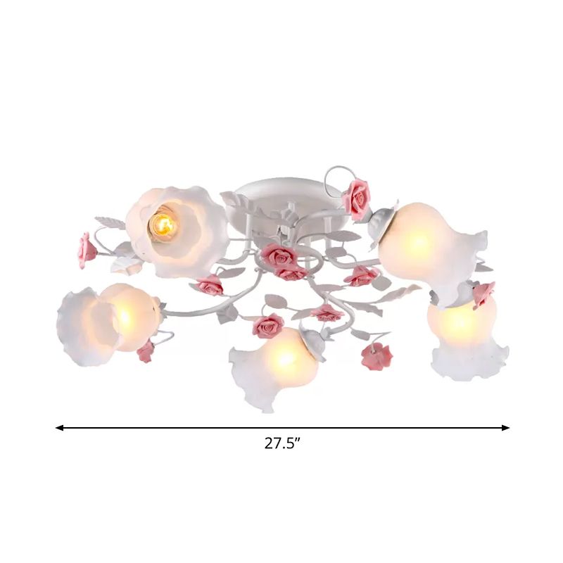 5 Bulbs Semi Flush Mount Korean Garden Floral Frosted White Glass Ceiling Flush Light for Bedroom