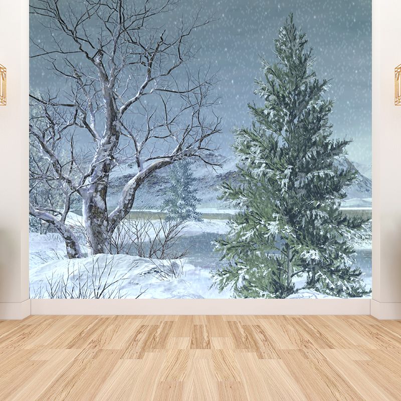 Full Size Illustration Modern Mural Wallpaper with Snow-Covered Landscape in White