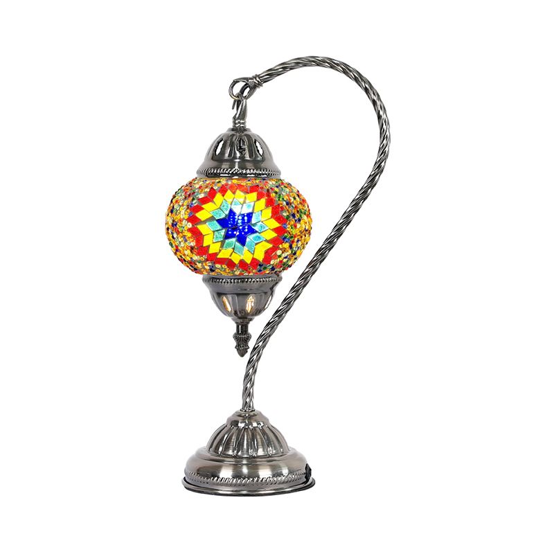 1 Bulb Night Lamp Mediterranean Teardrop Shaped Purple/Yellow and Red/Red Brown Stained Glass Nightstand Light with Gooseneck Arm