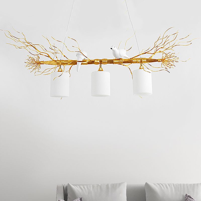 Cylinder Ceiling Island Pendant Modern 3-Head White Glass Hanging Light Fixture with Gold/Silver Branch