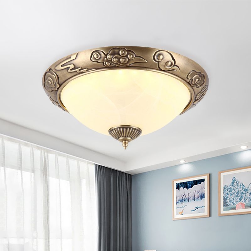 LED Flush Mount Light Fixture Colonialism Dome Shade Opal Glass Ceiling Lighting in Brass for Bedroom, 12"/16" W