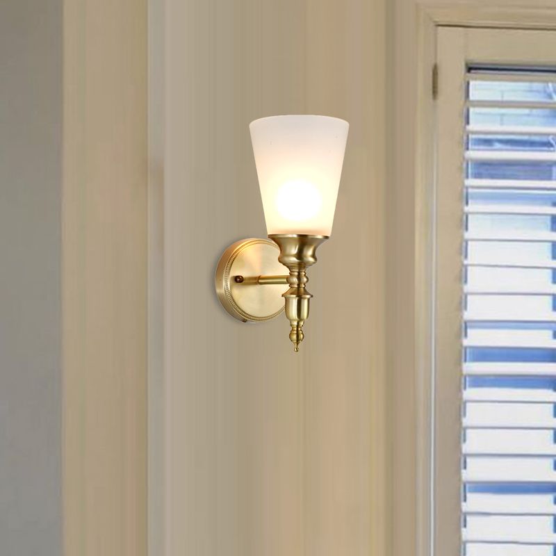 Frosted Glass Conical Wall Mounted Light Vintage Style 1/2-Head Indoor Wall Lighting in Brass