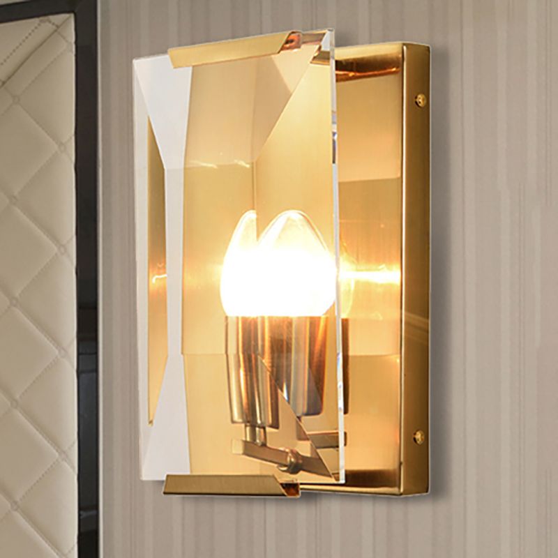 Black/Brass Finish Rectangular Sconce Light Modernism Style 1 Bulb Metal Wall Mount Light with Clear Faceted Crystal