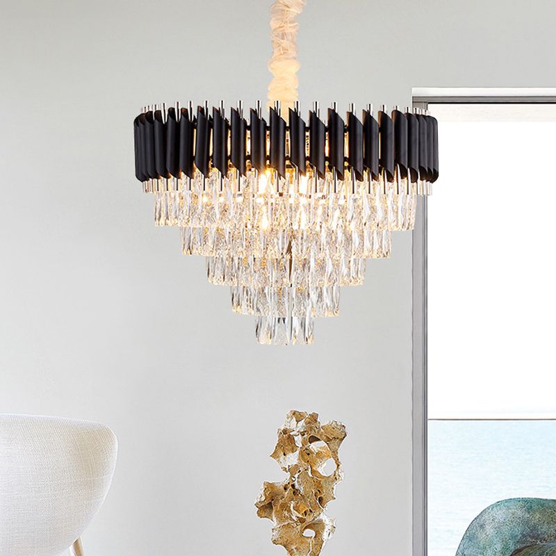 K9 Crystal Prism Cone Chandelier Pendant Modern 10/13/33 Lights Living Room Down Lighting Pendant in Black