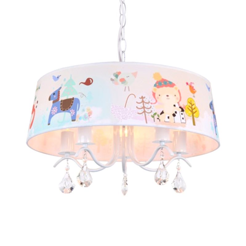 Fabric Drum Ceiling Chandelier Cartoon 5 Lights Blue Hanging Lamp Kit with Animals Pattern and Crystal Droplet
