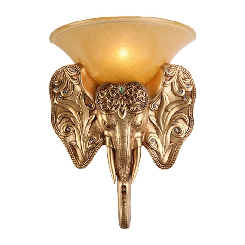 Gold Single Light Wall Lamp Warehouse Amber Glass Wide Bell Wall Lighting Fixture with Elephant Head Design