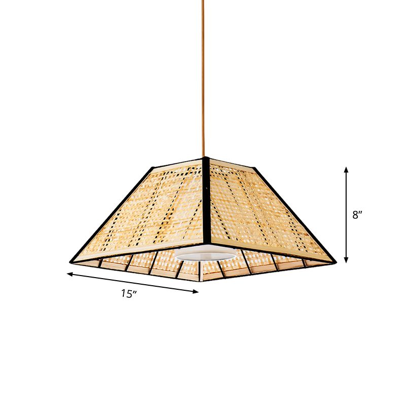 1 Head Tea House Pendulum Light Asian Beige Suspended Pendant Lamp with Pyramid Rattan Shade