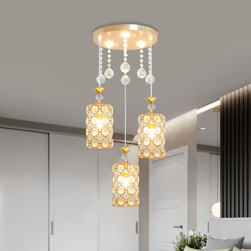 Crystal-Encrusted Cylinder Hanging Lighting Contemporary 3 Bulbs Gold Finish Multi Pendant