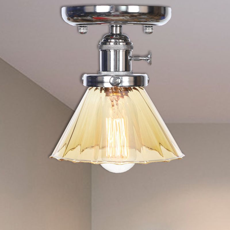 1 Bulb Semi Flush Mount Cone/Bell/Rhombus Industrial Clear/Amber Glass Ceiling Light in Chrome