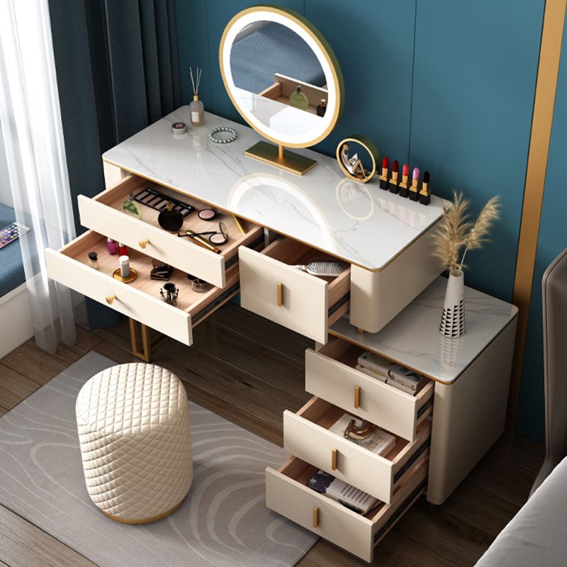 Stone Top Vanity Desk with 6 Drawers, Metallic White/Grey, 15.75" D x 30.71" H