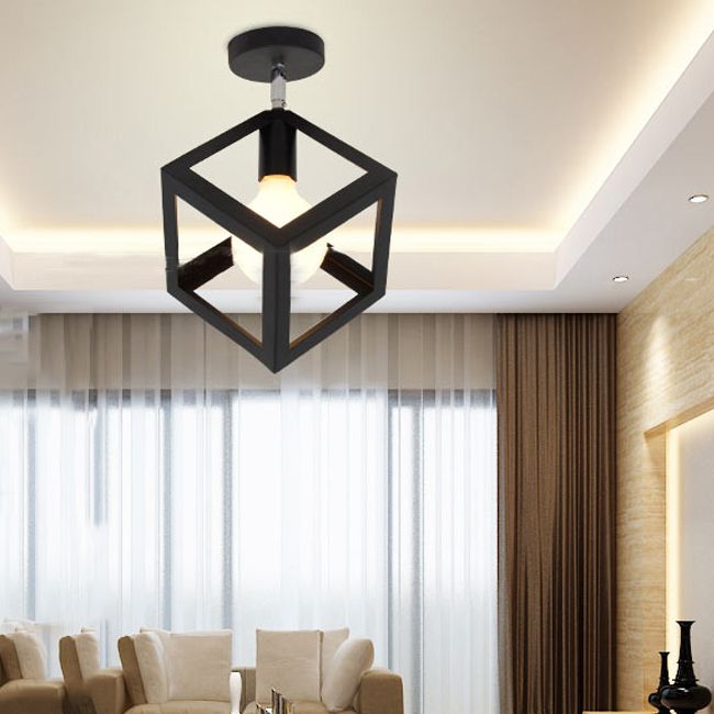 Industrial Flush Light Fixtures Geometric Iron 1 Light Flush Mount Lamps in Black