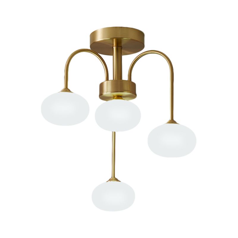 Vidrio lácteo ovalado semi flush modernista 4/6 cabezas doradas lámpara de montaje de techo con brazo curvilíneo de metal