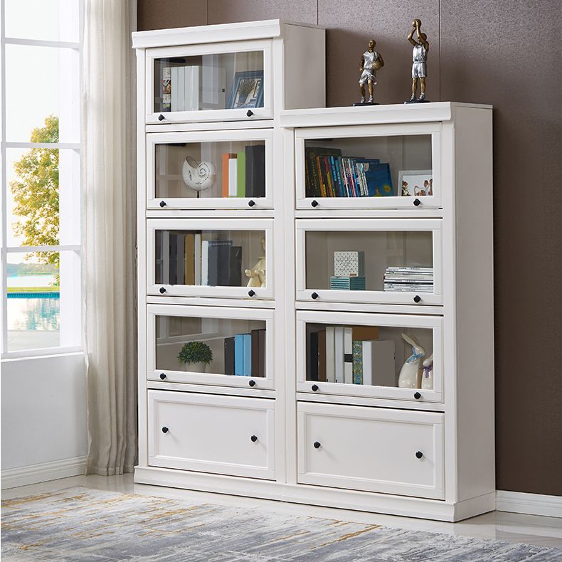 White Vertical Standard Bookcase Solid Wood Bookshelf with Glass Doors