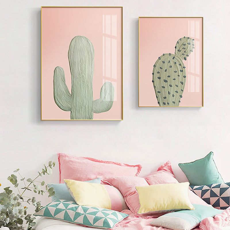 Green Cactus Wall Art Decor Pot Plant Nordic Textured Canvas Print for Living Room