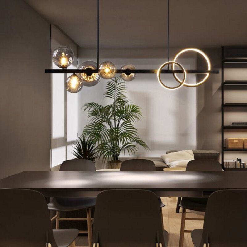 Post Modern Kitchen Island Light in Black / Gold Aluminum Ceiling Fixture with Glass Shade