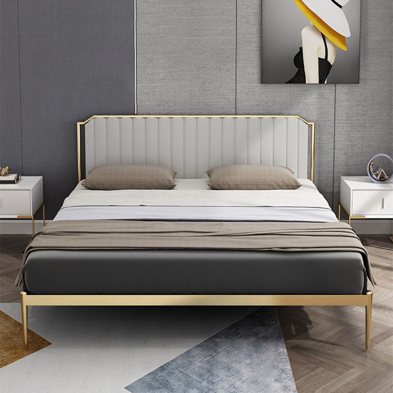 Glam Metal Panel Standard Bed, Beveled Upholstered Headboard Bed