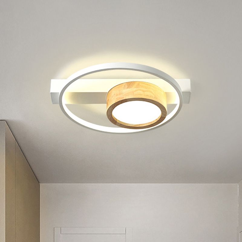 Wood Round Flush Mount Fixture Minimalist Gray/White LED Ceiling Light for Living Room
