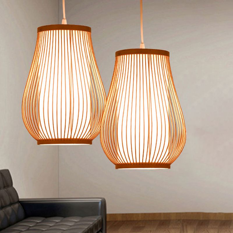 Bamboo Pear Ceiling Lighting Asian Style 1 Bulb Wood Hanging Light for Restaurant