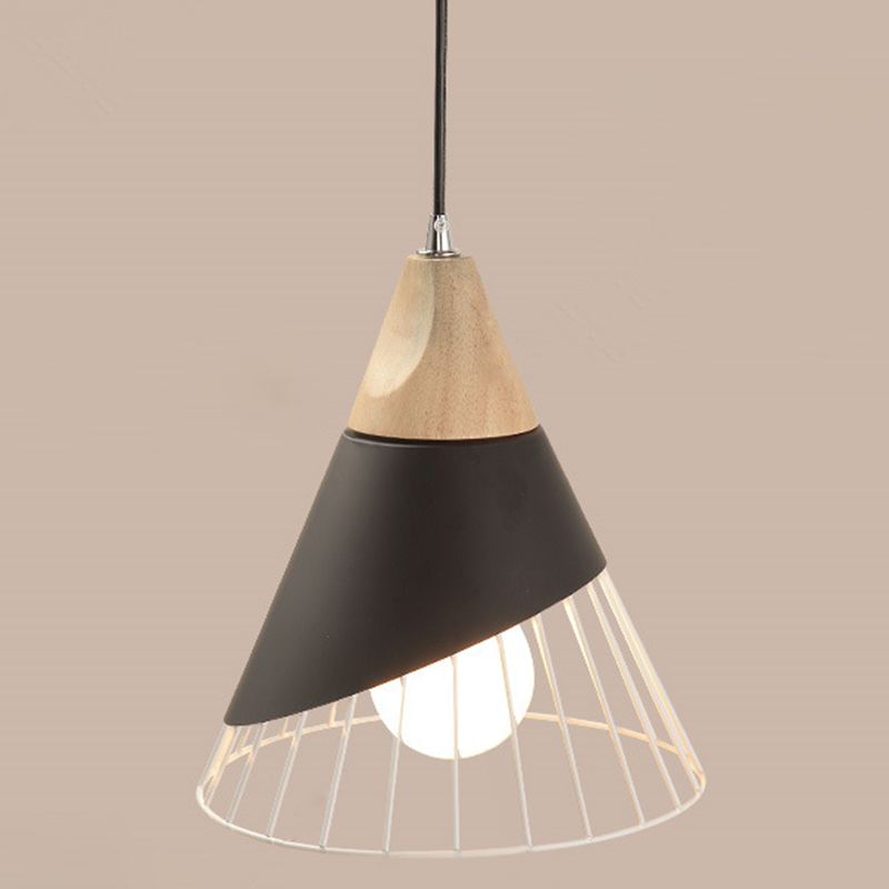 1 Light Macaroon Hanging Light Nordic Minimalist Solid Wood Bedroom Pendant Lamp with Iron Hollow Lampshade