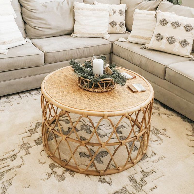 Scandinavian Round Cocktail Table with Wicker Base Natural/Black