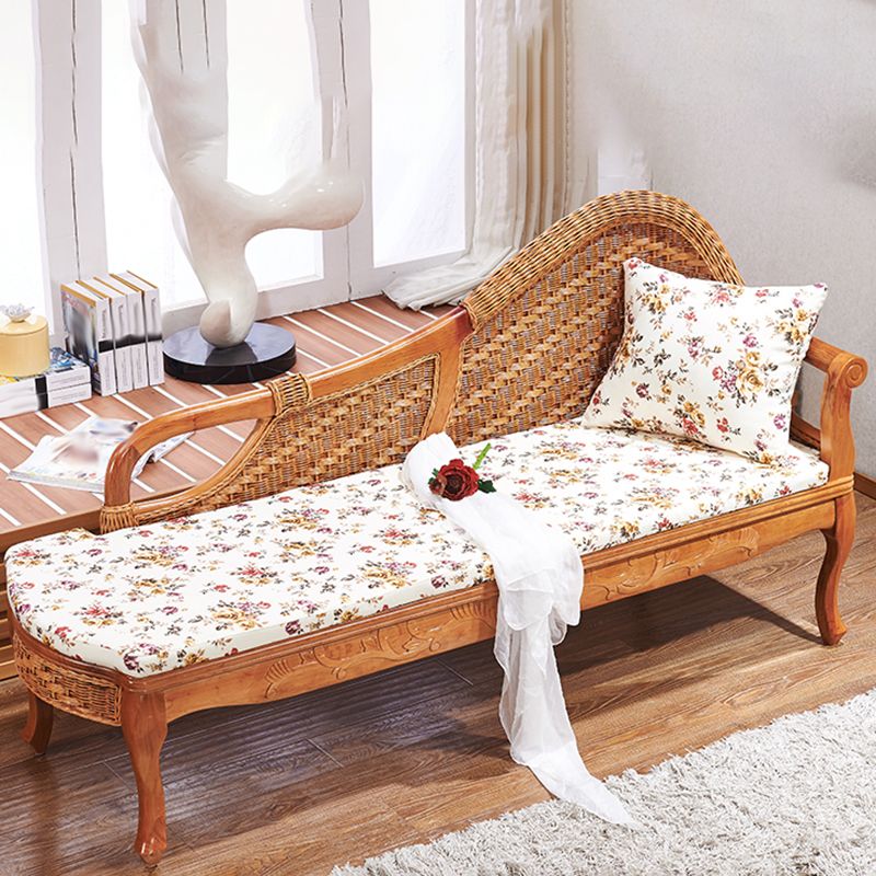 Traditional Rattan Chaise Lounge with Pillow and Arm Floral Lounge Chair for Living Room