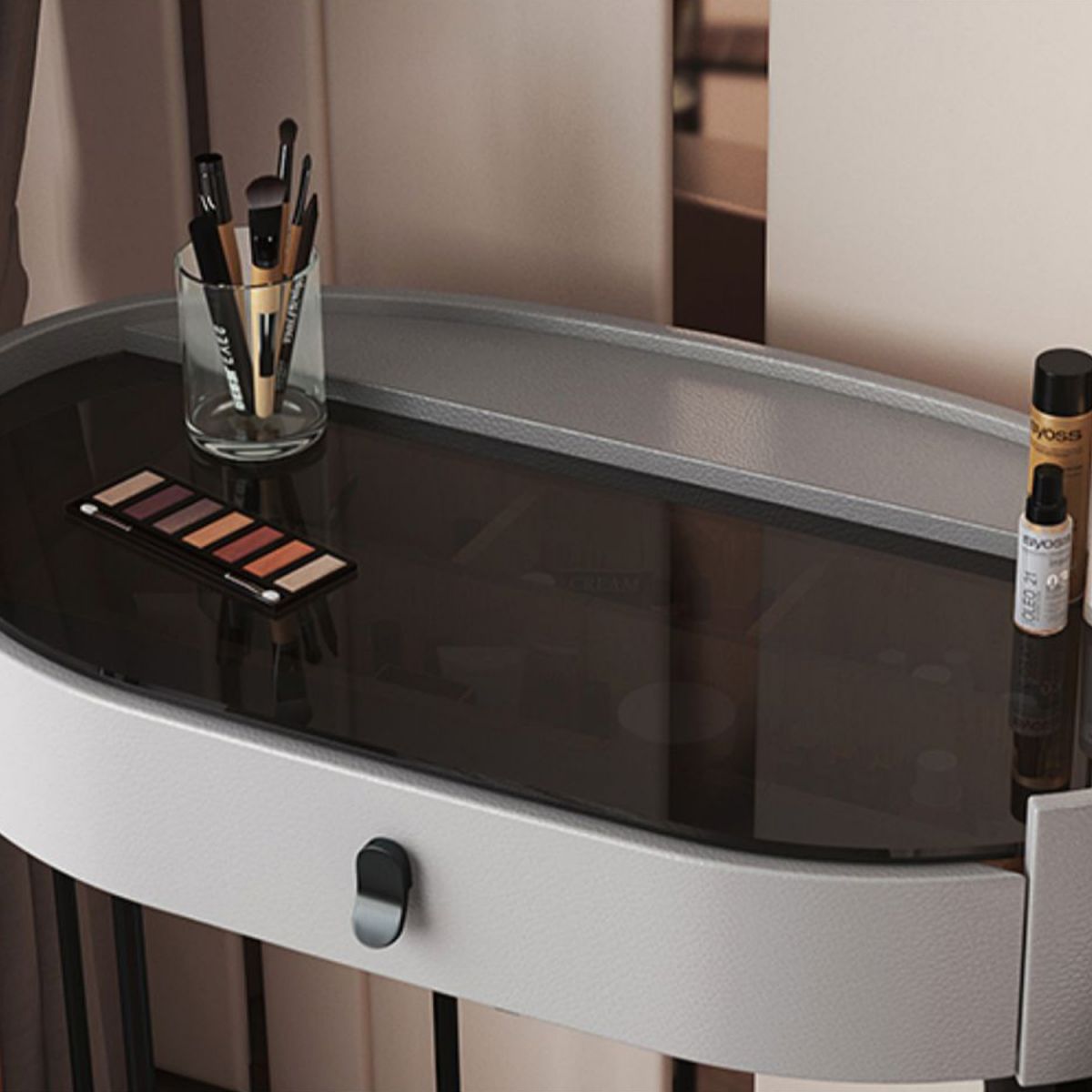 Glass Top Makeup Vanity Desk Lighted Mirror Vanity Dressing Table Set