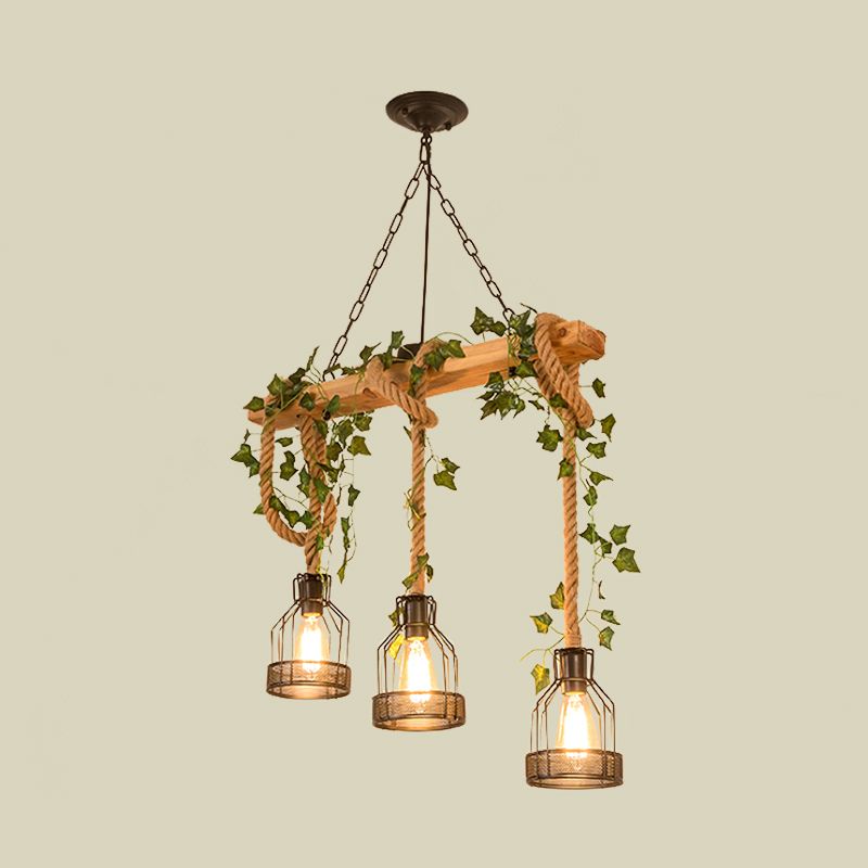 Metal Caged Island Pendant Light Industrial 3/5 Lights Dining Room Rope Hanging Lamp in Brown with Wood Beam
