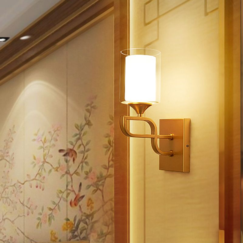 Armed Sconce Light Contemporary Metal 1 Bulb Gold Wall Lighting Fixture with Opal Glass Shade