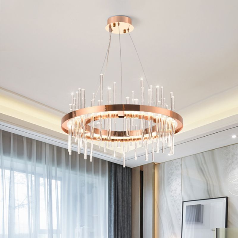 Rose Gold Circle Ceiling Suspension Lamp Modern Crystal Strip Bedroom LED Chandelier