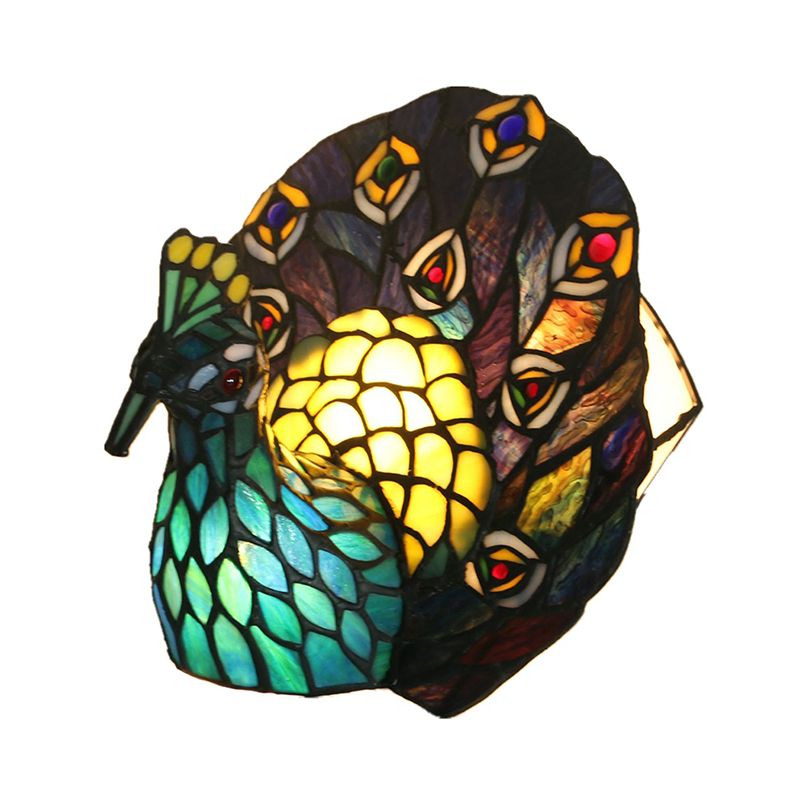 Blue 1-Head Night Lamp Mediterranean Stained Art Glass Peacock Shaped Table Lighting