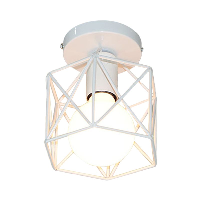 Hexagon Iron Ceiling Mounted Fixture with Cage Shade Vintage Stylish 1 Bulb Balcony Close to Ceiling Lamp in Black/White