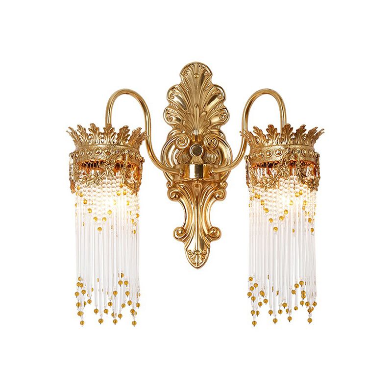 Gold Crown Shaped Wall Light Traditional Metal Living Room Sconce Lamp with Crystal Fringe