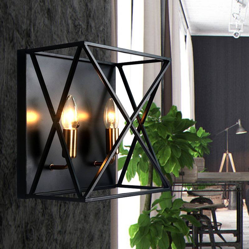 Quadratische Metallleuchte Leuchte Bauernhaus Style 2 Lampen schwarze Finishwandlampe mit Drahtrahmen