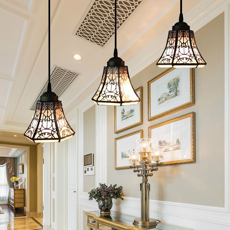 Tiffany Bell Pendant Light Fixture 3 Heads Stained Art Glass Down Lighting in Black and White for Bedroom