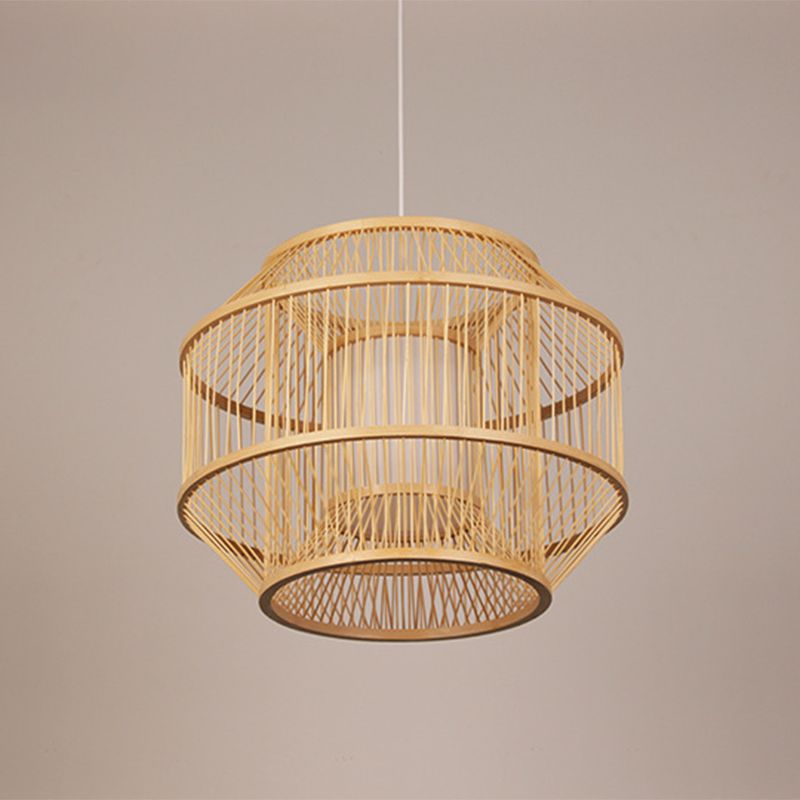 Beige Round Lantern Pendant Chinese Style 1 Bulb Bamboo Hanging Light for Dining Table
