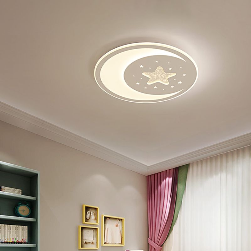 Starry Moon Night Nursery Ceiling Light Acrylic Kids LED Flush Mount Light Fixture in White